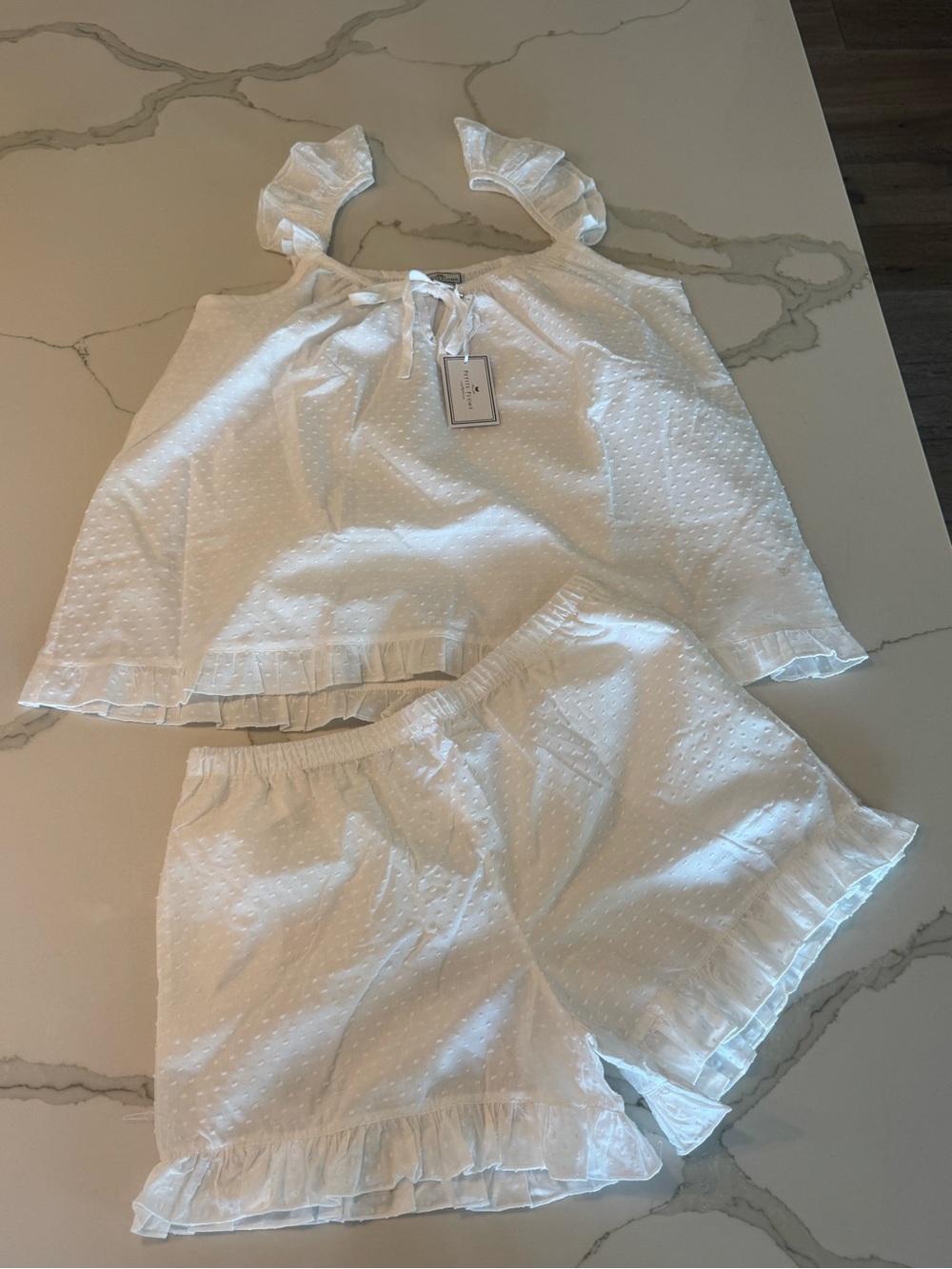 Petite Plume Women’s White Ruffle Shirt and Short Pajama Set